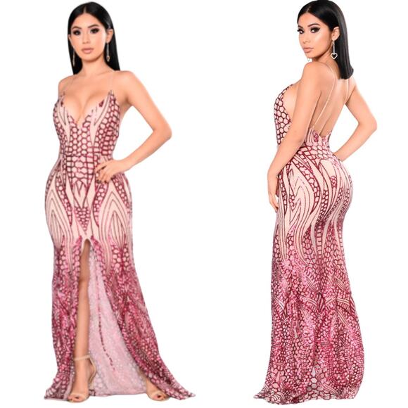 NWT Fashion Nova All Over The World Pink Sequin Gown Dress Size XS - Picture 1 of 8